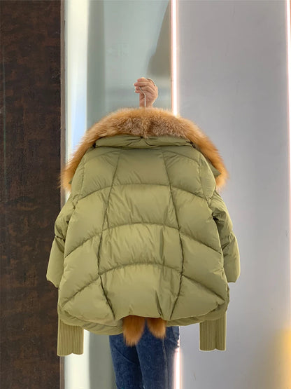 Oversized Winter Warm Real Fox Fur Collar Black Down Coat Women Puffer Outerwear Jackets 2024 Autumn Winter