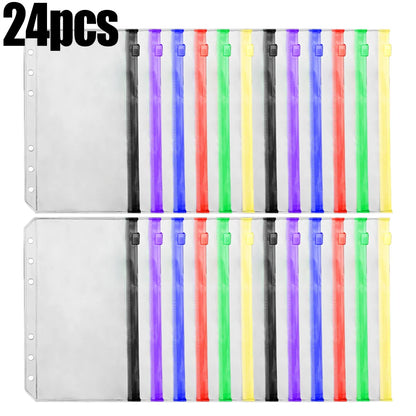 2-24Pcs Clear A6 6-Hole Binder Pockets Waterproof PVC Organizer Cash Budget Envelopes Zipper Binder Pouches for Notebook Planner