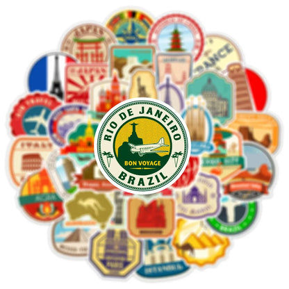 10/25/50pcs Retro World Travel Landmark Stickers Graffiti Vintage Post Stamp Style for Scrapbook Luggage Laptop Phone Car