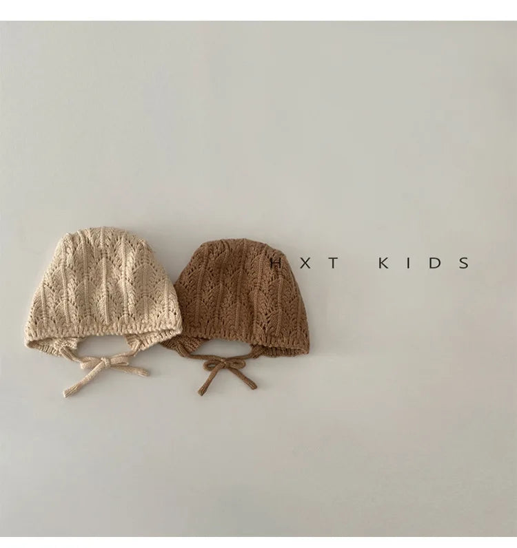 Fashion Retro Hollow Children Knitted Hats Handmade Crochet Flower Girls Parent-child Outdoor Cotton Hat 2024 Autumn Winter Caps