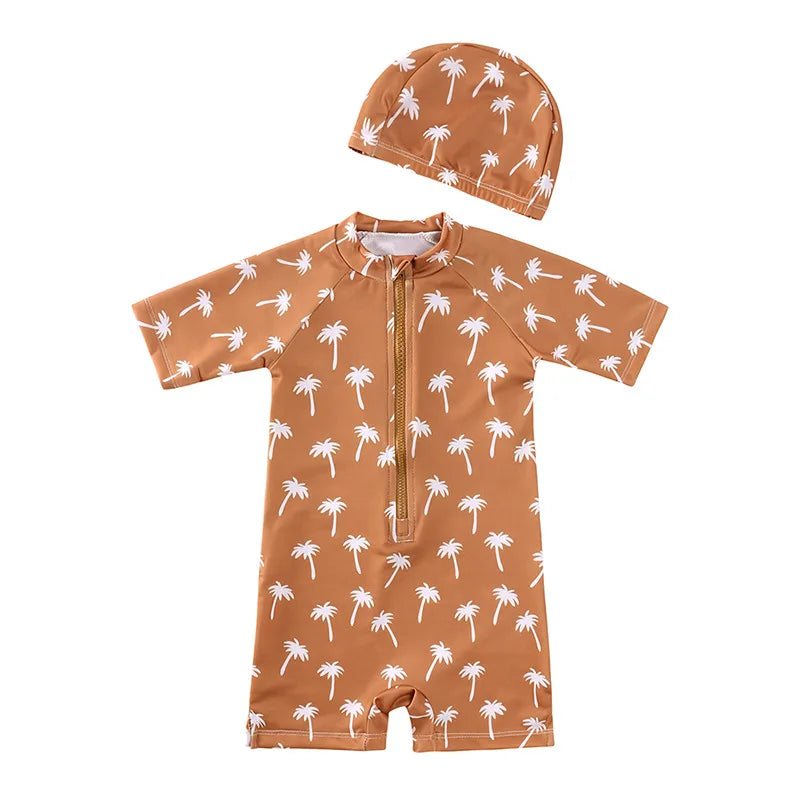 Baby Toddler One-piece Swimsuit With Hat Cartoon Print Kids Short Sleeve Zipper Swimwear Sun Protection For 0-7Y Boys Girls