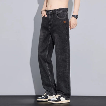 New Arrival American Vintage Wide Leg Elastic Denim Pants for Men Loose Straight Fit Flowy Versatile Casual Pants