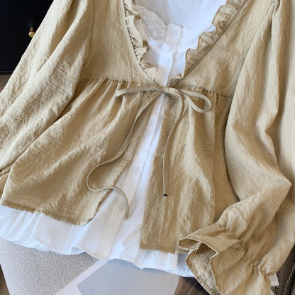 Korean Casual Sweet Fungus Lace Collar Women's Shirt Top Autumn New Women Fashion Fake Two-Piece Lace Up Long Sleeved Shirt