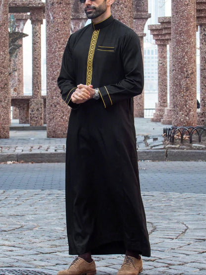 Men's Ethnic Pattern Embroidery Zipper Hooded Robe Traditional Long Sleeve Pocket Jubba Thobe for Daily Wear Man Islamic Thobe