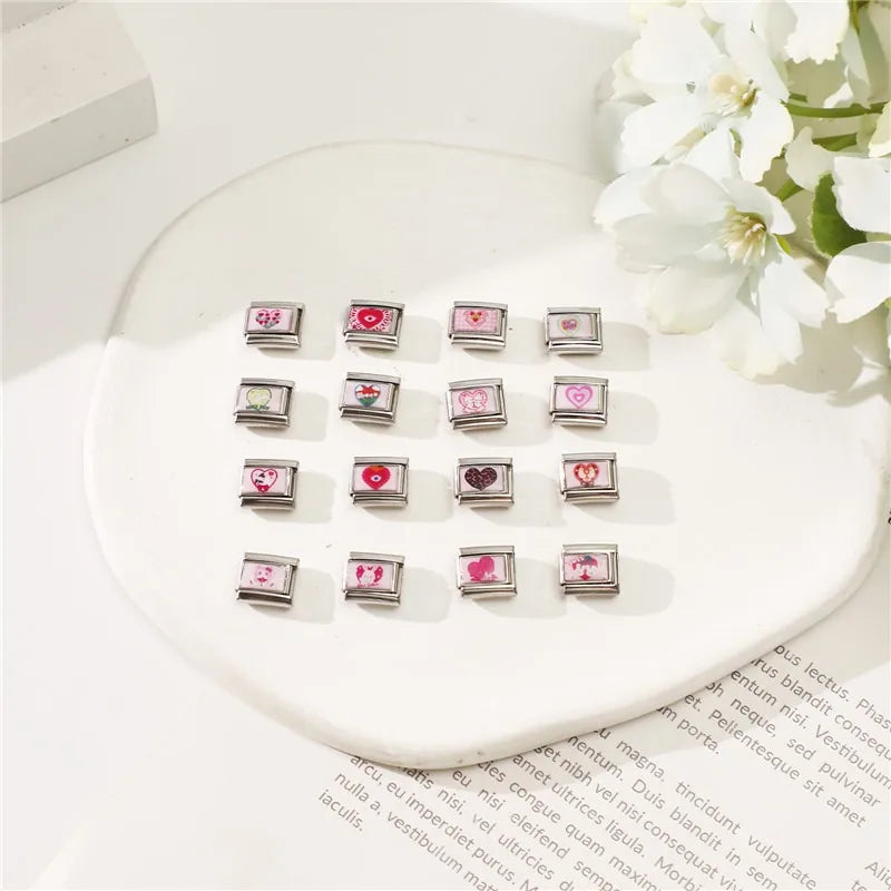 Beautiful Flower Y2K Black Star Dog Heart Pink Italian Charm Link Fit 9mm Stainless Steel Sweet Bracelet Jewelry Making DIY Gift