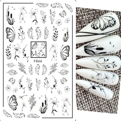 Black and White Love Flowers Line Art 3D Stickers Nail Decals Nail Art Accessories Butterfly Rose Nail Stickers Nail Sliders
