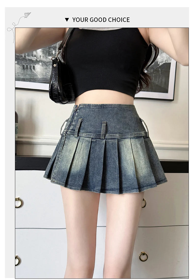 Sweet Sxey Denim Cake Skirt Women Retro Hight Waist A Line Mini Skirt Female Korean Fashion Casual Streetwear Pleated Skirt Y2K
