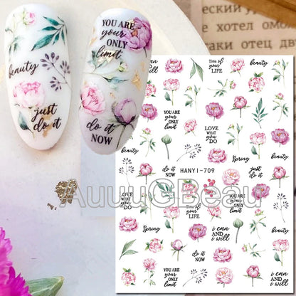 3d Nails Art Decals Spring Fruits Pink Full Tips Peony Magnolia Flowers Adhesive Sliders Stickers Decoration For Nails Manicure