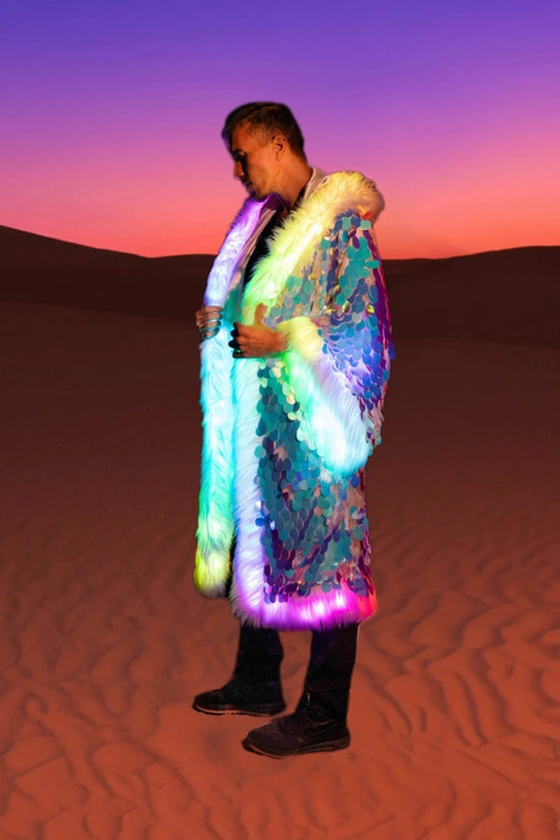 New LED Costume Sequin Faux Fur Patchwork Coat Long Shiny Fashion Holiday Party Costume Men's And Women's Faux Fur Coat