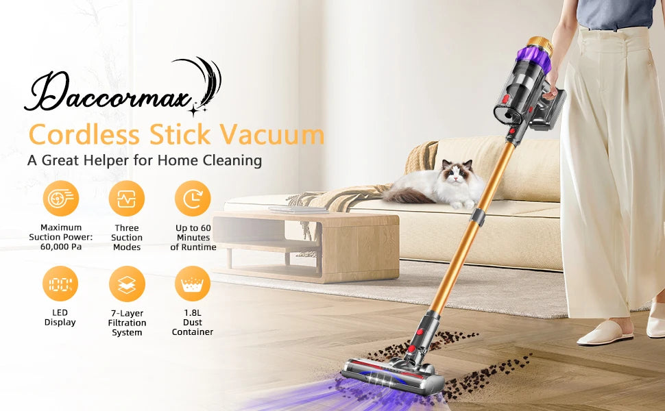 Daccormax 65KPa Cordless Stick Vacuum,Stick Vacuum with Smart Touch Screen,3-Speed Adjustable,Powerful Cleaning for Home