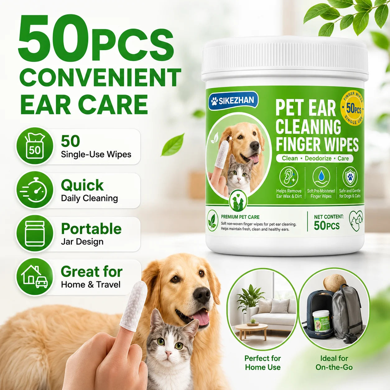 SIKEZHAN 50 Count Pet Ear Cleaning Finger Wipes, Safe Gentle Soft Pre-Moistened Wiping Sleeves for Dogs Cats Wax Dirt Remover