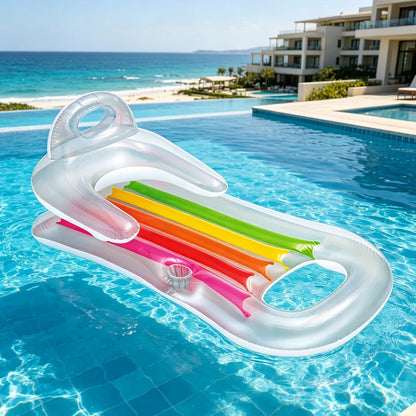 Inflatable Pool Mat with Backrest and Armrests, Integrated Cup Holder, Pvc Material, Two Colors Transparent and Blue