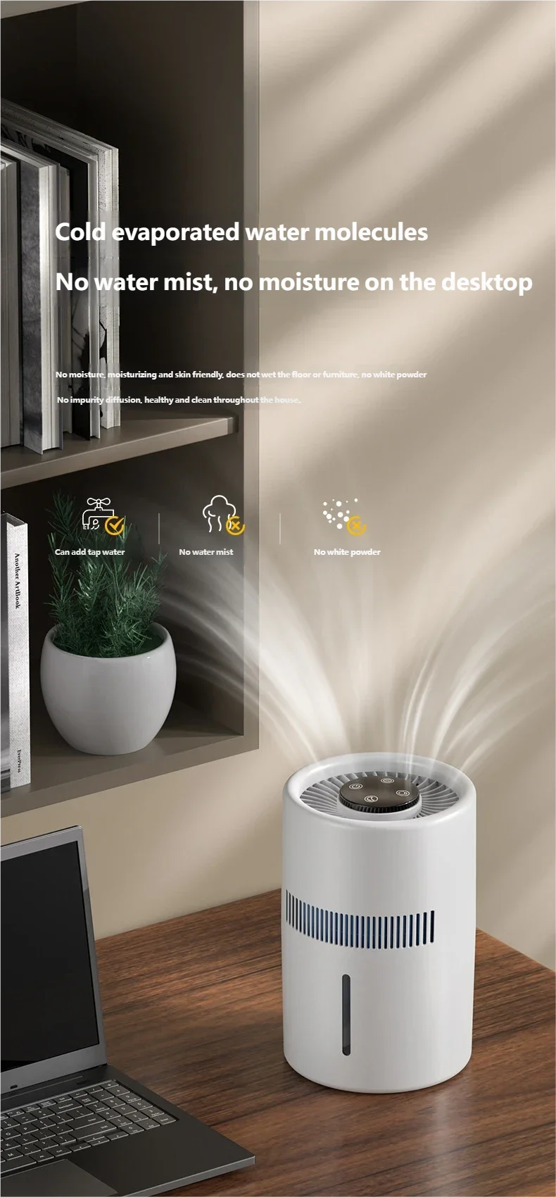 HOMEFISH Home Office Desktop Fog Free Humidifier Air Purifier for Bedroom Car - Safe for Pregnant Women Mothers Babies