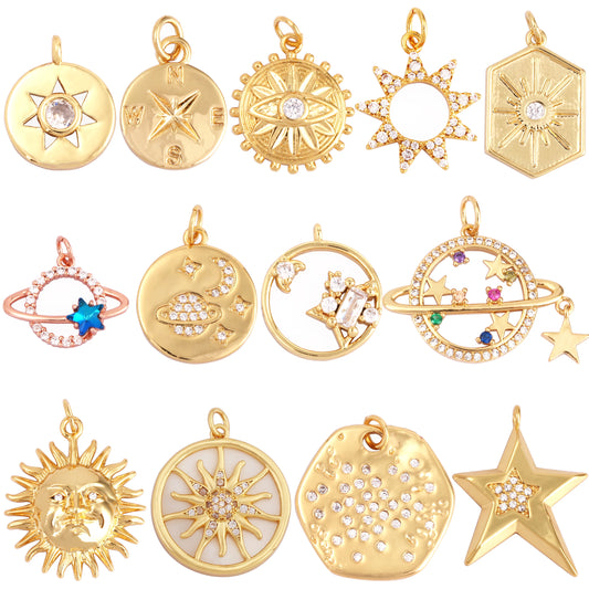 Sun Moon Star Space Celestial Compass Charm Pendant in Gold Colour , Jewelry Necklace Bracelet Making Supplies L93