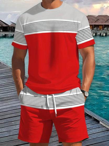 2026 Summer New Arrival Men's Casual Two-Piece Set Striped Print Short-Sleeve Shirt and Athletic Shorts Set Men's Fitness Set