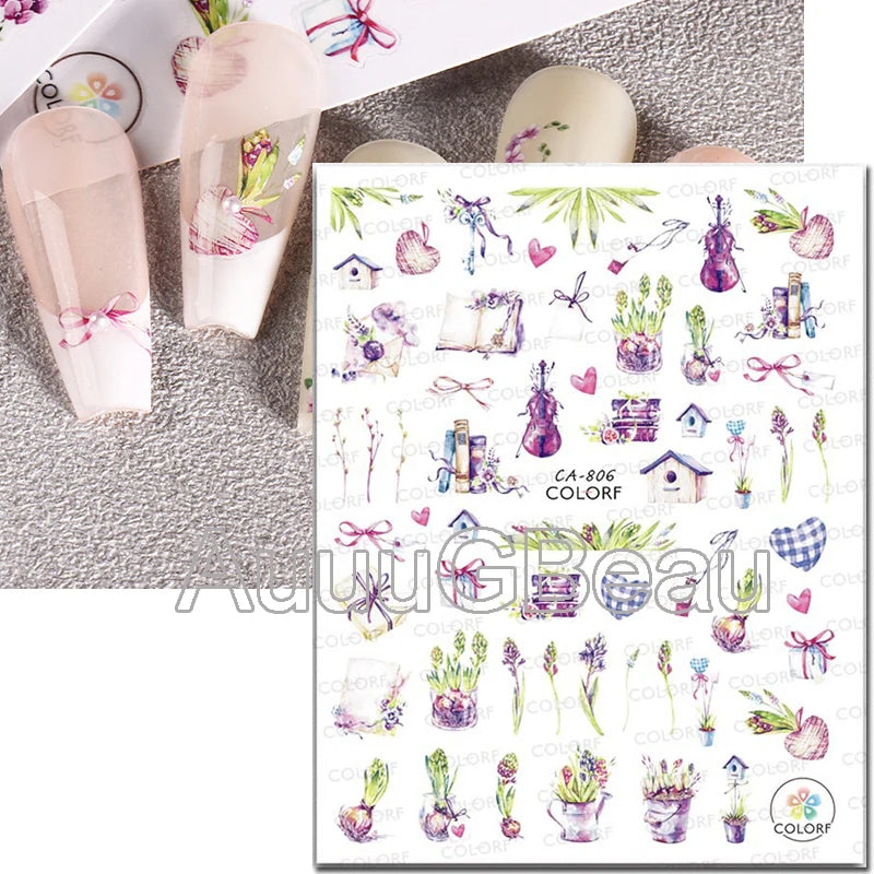 3d Nails Art Decals Spring Fruits Pink Full Tips Peony Magnolia Flowers Adhesive Sliders Stickers Decoration For Nails Manicure