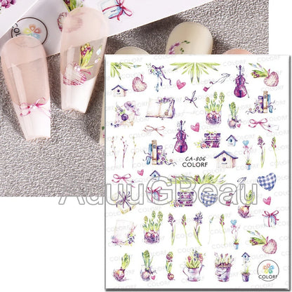 3d Nails Art Decals Spring Fruits Pink Full Tips Peony Magnolia Flowers Adhesive Sliders Stickers Decoration For Nails Manicure
