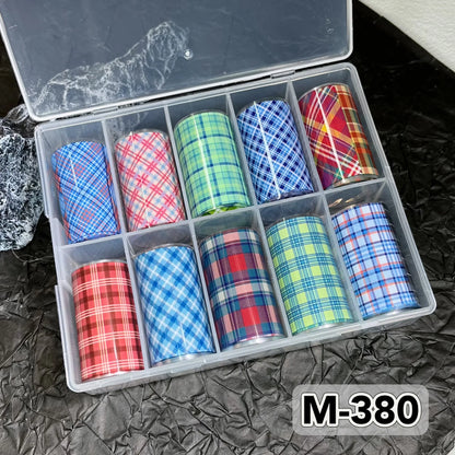 10 Rolls New Design Fresh Nail Foils for Transfer Paper Sticker Plaid Sliders Denim Nails Wraps DIY Bowknot Nail Art Decorations