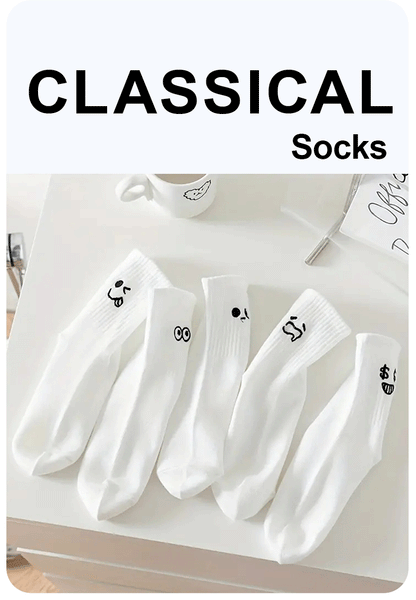 5/10/20 Pairs Men White Cartoon Socks Trendy Versatile Expression Socks With Simple Soft Breathable Comfortable Casual Socks