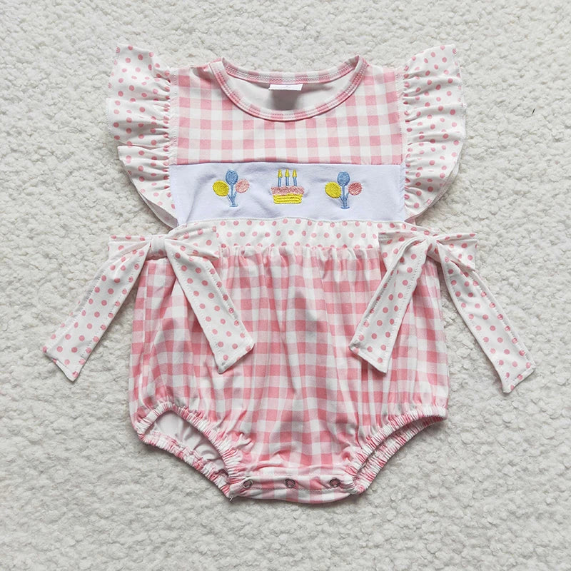 Wholesale Baby Girl Newborn Birthday Balloons Romper Bubble Embroidery Pink Plaid Bows Jumpsuit Kids Toddler Summer Clothes