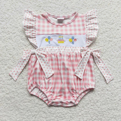 Wholesale Baby Girl Newborn Birthday Balloons Romper Bubble Embroidery Pink Plaid Bows Jumpsuit Kids Toddler Summer Clothes