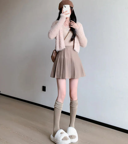 Autumn Winter Woolen Pleated Skirts Women New Korean High Waist Slimming Mini Skirt Ladies Preppy Style Side Zipper A-Line Skirt