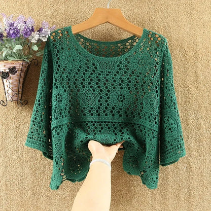 Women's Summer Short Jacket 2025 New Pullover Round Neck Knit Female Sweater Top Loose Fashion Hollowing Out Ladies Lace Tops