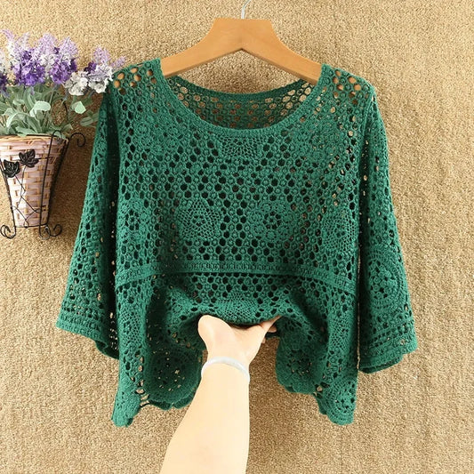 Women's Summer Short Jacket 2025 New Pullover Round Neck Knit Female Sweater Top Loose Fashion Hollowing Out Ladies Lace Tops