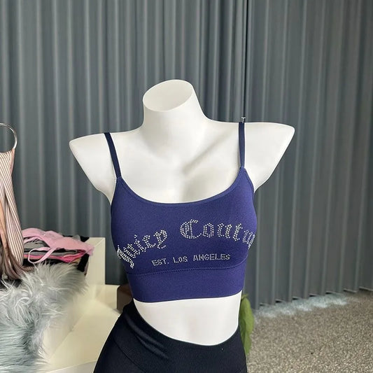 Juicy Couture Women's Seamless Rhinestone Logo Dark Purple Bralette Adjustable Strap Wireless Comfort Crop Top Bra Underwear