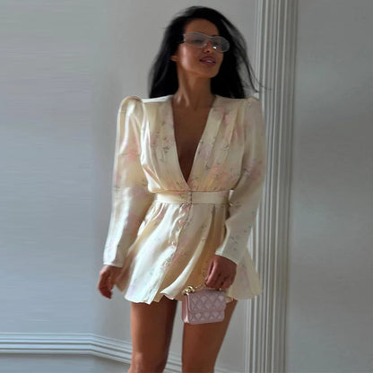 Sexy Women's Dress Deep V-neck Full Sleeve Waistband Two Piece Female Print Floral Sets 2026 Summer Party New Holiday Lady Suit