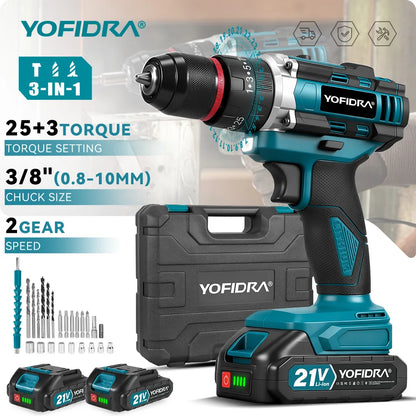 YOFIDRA  3 IN 1 25+3 Torque Electric Impact Drill Cordless Impact Drill Househeld Woodworking Power Tool for Makita Battery Pin