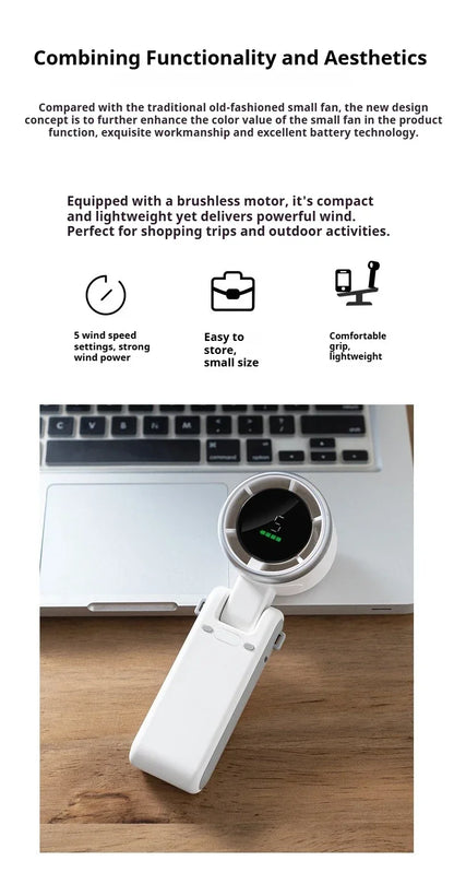 Mini Fan Portable Handheld Fan 5 Speed Wind Speed LED Display Outdoor Foldable/neck Hanging Brushless Silent Fan 2400mah