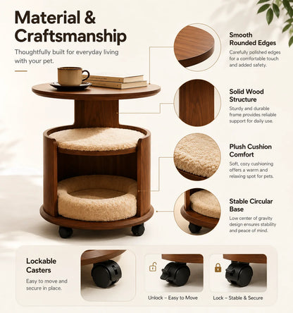 Wooden Pet Side Table Bed Combo with Removable Plush Cushion Smooth Rolling Casters for Cats Small Dogs Home Furniture