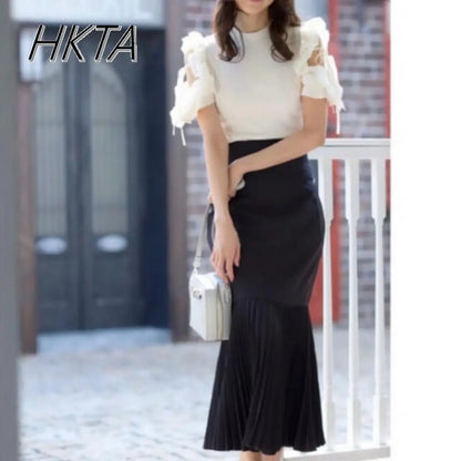 Japanese Off Shoulder Ruffle Edge Slim Short Sleeve Tshirt Women Sweet Elegant Knitted T Shirt Girl Commuting Short White Top