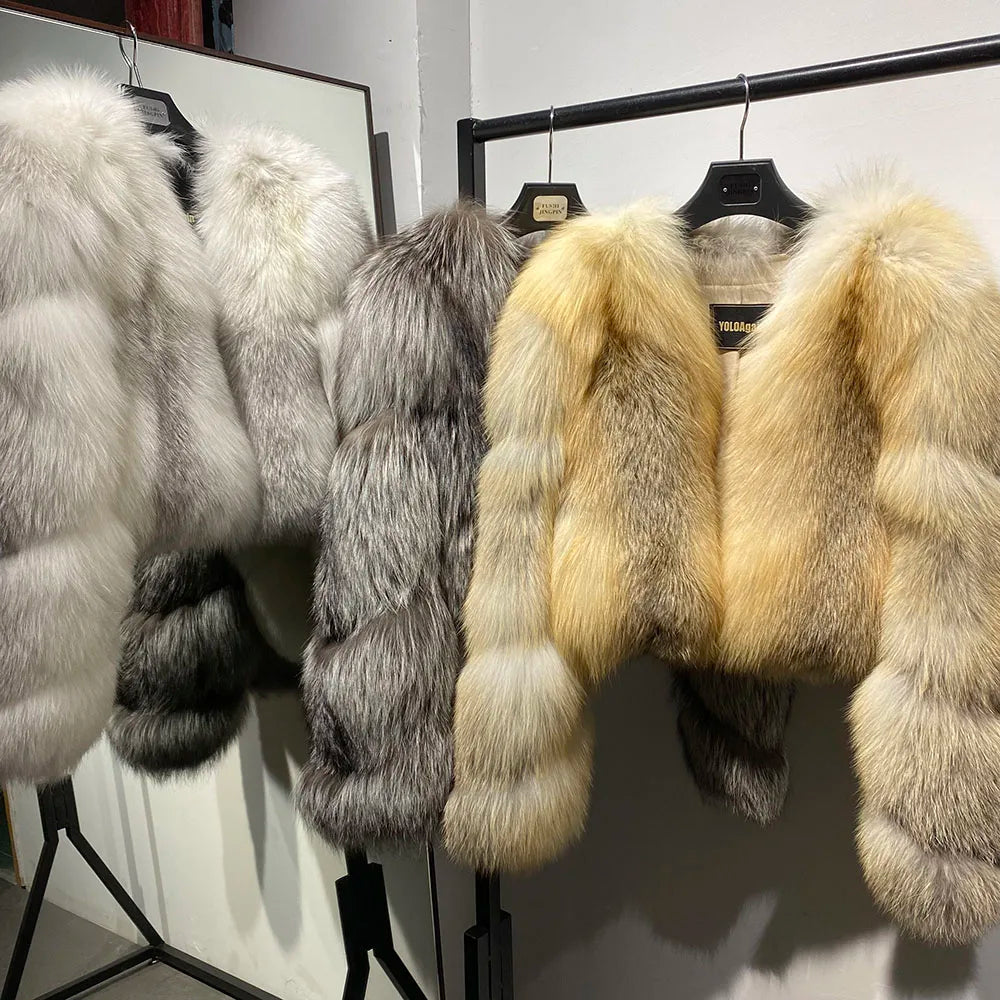 YOLOAgain Women's Natural Fox Fur Jacket 2025 Winter Warm Luxury Real Fox Fur Coat