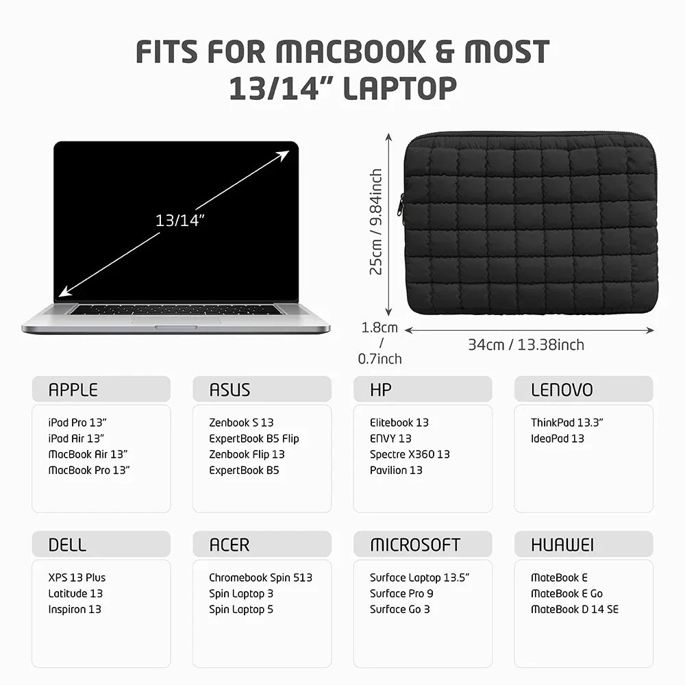 Puffy Laptop Bag Sleeve 11/13/14/15/15.6 Inch Quilted Case Laptop Cover For MacBook Air Pro/iPad/Lenovo/Hp Puffer Notebook pouch