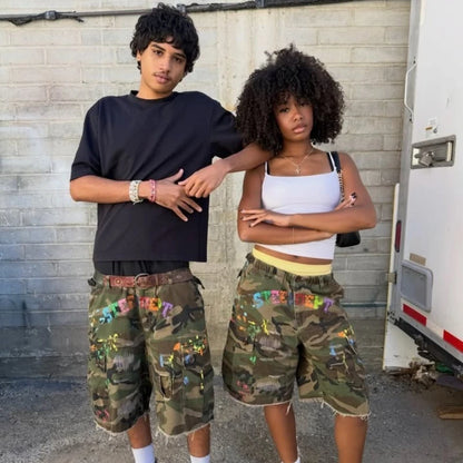 Y2K American Cargo Shorts Paint Splatter Camouflage Pattern Bottom New Trendy Retro Hip Hop Streetwear Unisex Baggy Short Pants