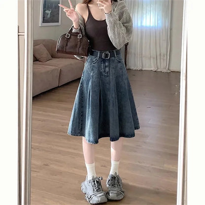 Summer Trendy Designer Lady High Waist Jeans Pleated Skirt Women Fashion Vintage Denim Skirts Girls Korean Casual Midi Skirts