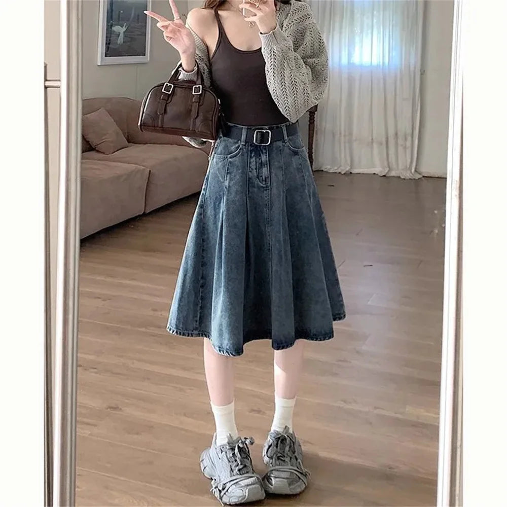 Summer Trendy Designer Lady High Waist Jeans Pleated Skirt Women Fashion Vintage Denim Skirts Girls Korean Casual Midi Skirts