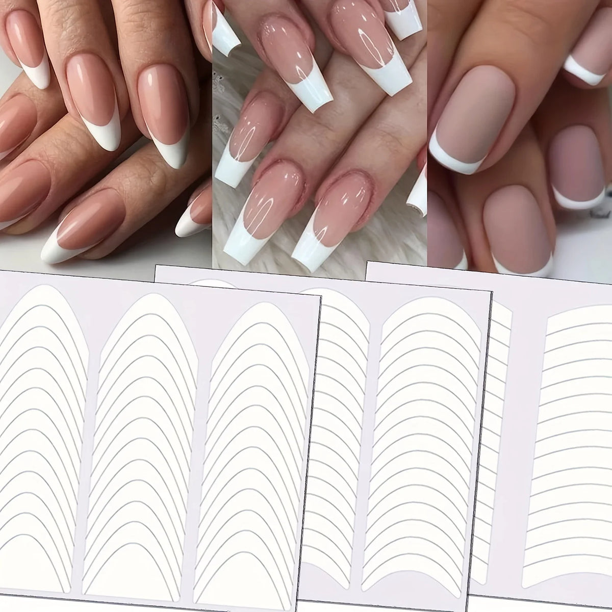 3PCS French Nail Art Stickers White Self-Adhesive Nails Strip Tips Guides for DIY Decoration Stencil Tools ,Fringe Tip Decals