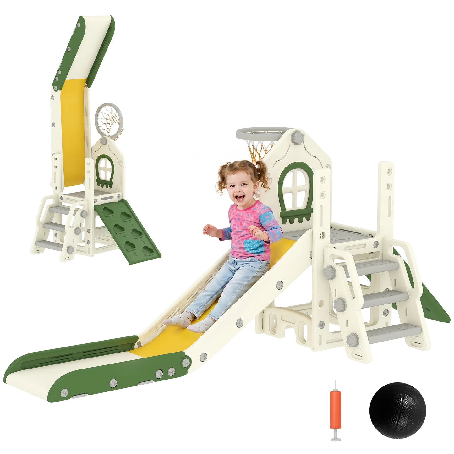 Foldable 4-in-1 Toddler Slide with Climbing Elements, Basketball Stand, Storage Space and Basketball for Kids 1-3 Years Old, Cream White, Kids Toy Slide, Kids Slide, Outdoor Toy Slide