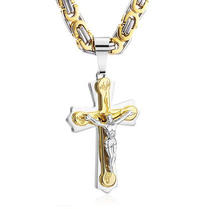Diyalo Religious Jesus Cross Necklace Men Stainless Steel Crucifix Pendant with Byzantine Chain Necklaces Male Necklace Jewelry
