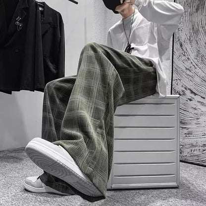 Checkered pants men's spring and autumn plus fat plus plus size trendy loose Korean version versatile wide leg casual pants spor