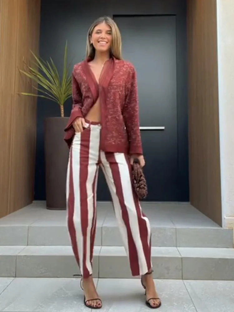 Casual Striped Women's Jeans Mid-rise Single Button Pockets Lady Curved-leg Pants 2026 Spring Summer Fashion Female Trousers