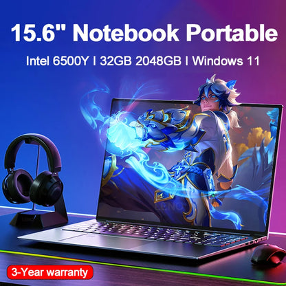 LENO Large-Screen 15.6" Laptop 32GB RAM 2TB SSD Intel 6500Y Office Windows11 Notebook 5000mAh Gamer PC with Backlit Fingerprint