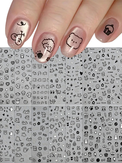 12sheet Cartoon Black Cat Nail Stickers Set Multiple Action Kawaii Puppy Kitten Nail Art Decals Adhesive Kids Manicure Decoratio