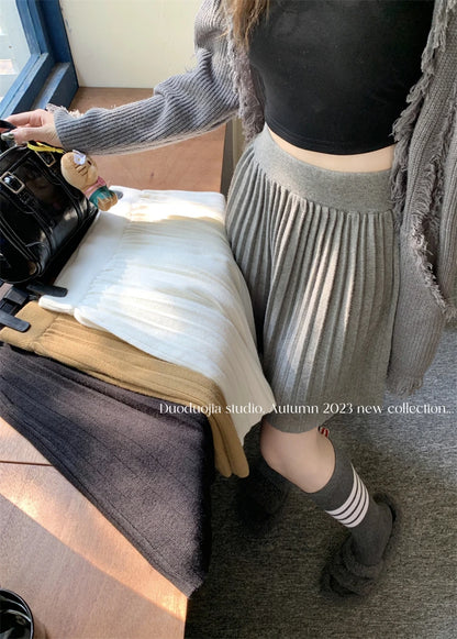 White Knitted Pleated Skirt Women Autumn Winter 2025 New High Waist Mini Skirt Lady's Fashion Korean Solid Women's Short Skirts