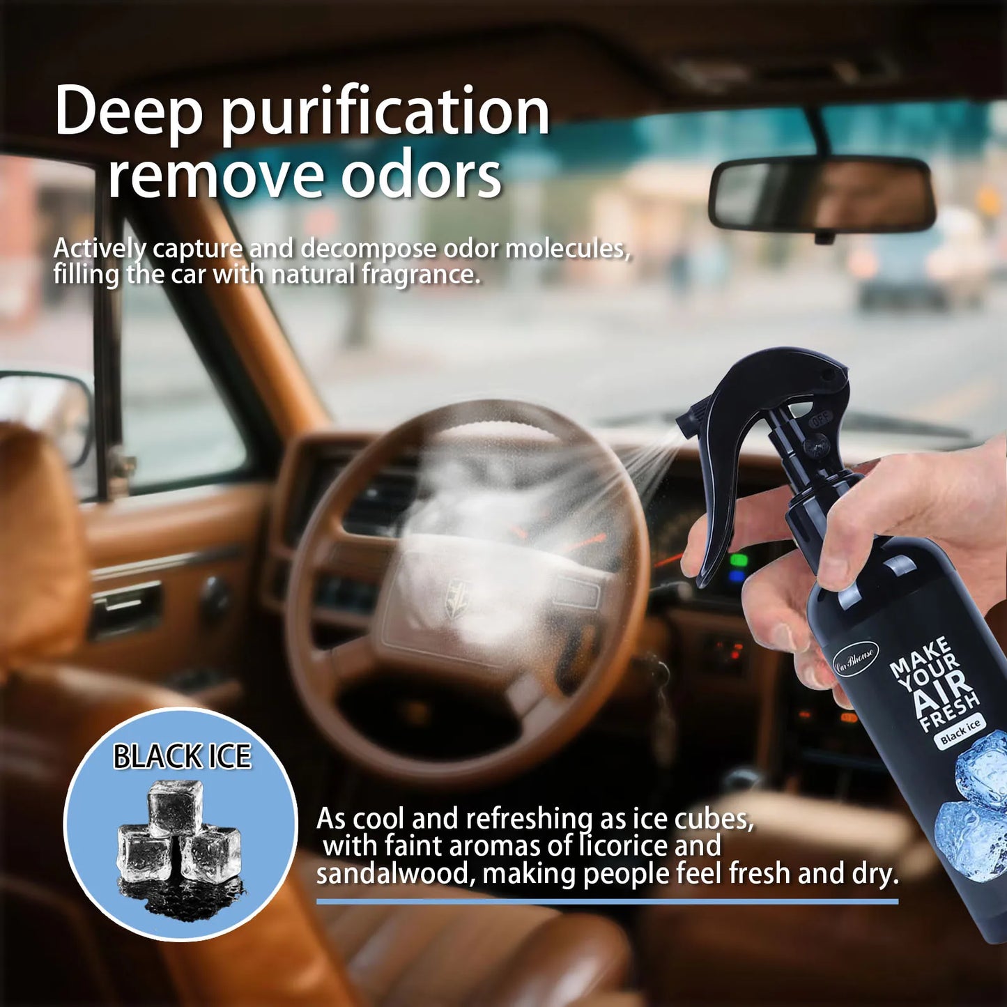 A 150ml car air freshener spray that doubles as a home fragrance. It effectively eliminates odors and can also be used as a hand