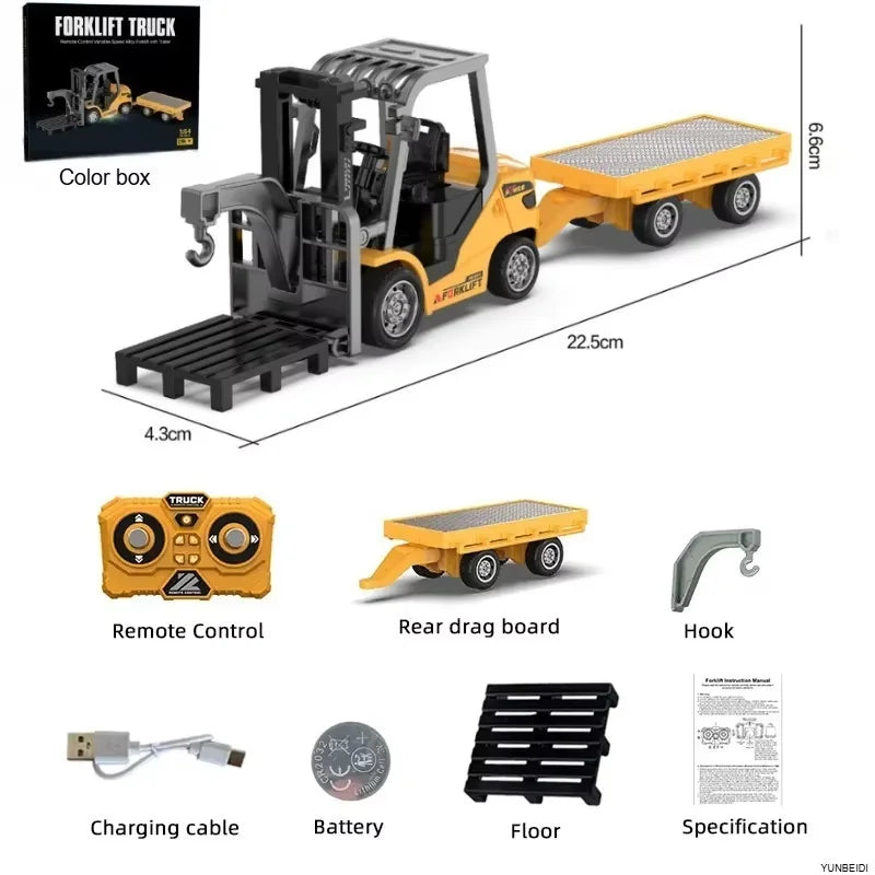 1:64 Remote Control and Alloy Truck Forklift with Trailer Worktop Mini Bluetooth RC Elevator Vehicle Children's Toy Holiday Gift