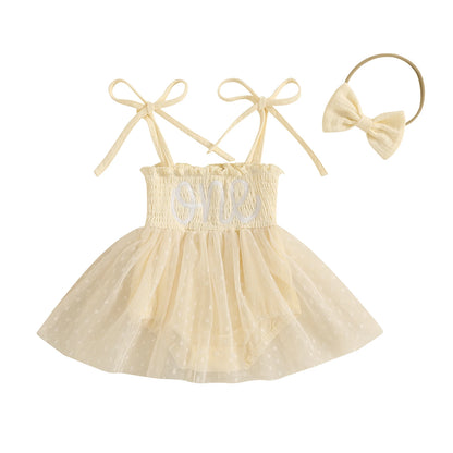 MISOWMNJOY Summer Mesh Tulle Baby Girl Romper Dress Infant Birthday Outfits Sleeveless Tie Strap Smocked Bodysuit with Headband